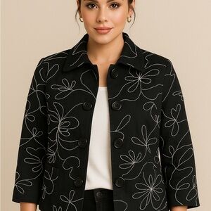 Kim Rogers Women’s Cotton Blend Black & White Embroidered Blazer/Size 10 Petite